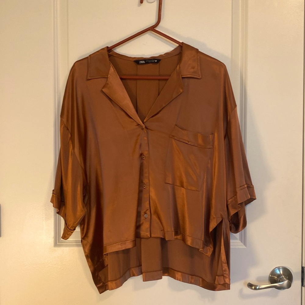 Zara Blouse Caramel Satin Silk Oversize Tunic‎ Shirt Mango Gold